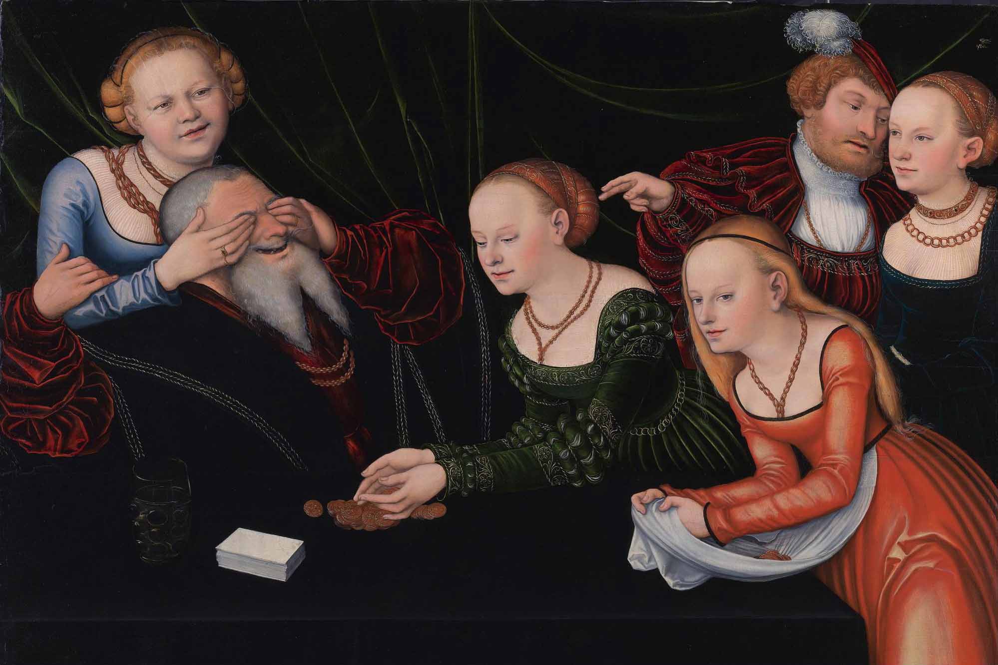 Old man beguiled by courtesans